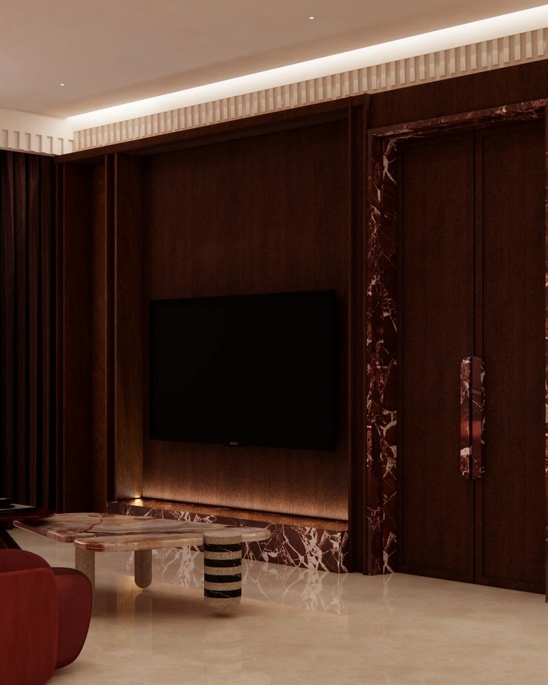 A condominium in dark timber and red, hung like a private gallery.