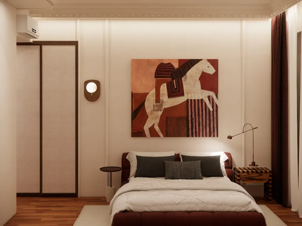 Bedroom with a large artwork above the bed