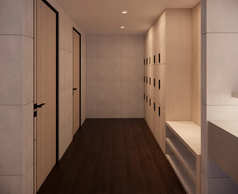 Changing room corridor with timber lockers and a bench