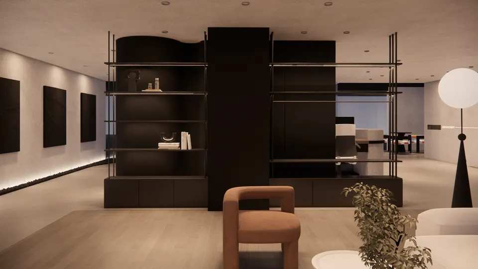 Lounge with black open shelving and a rust armchair