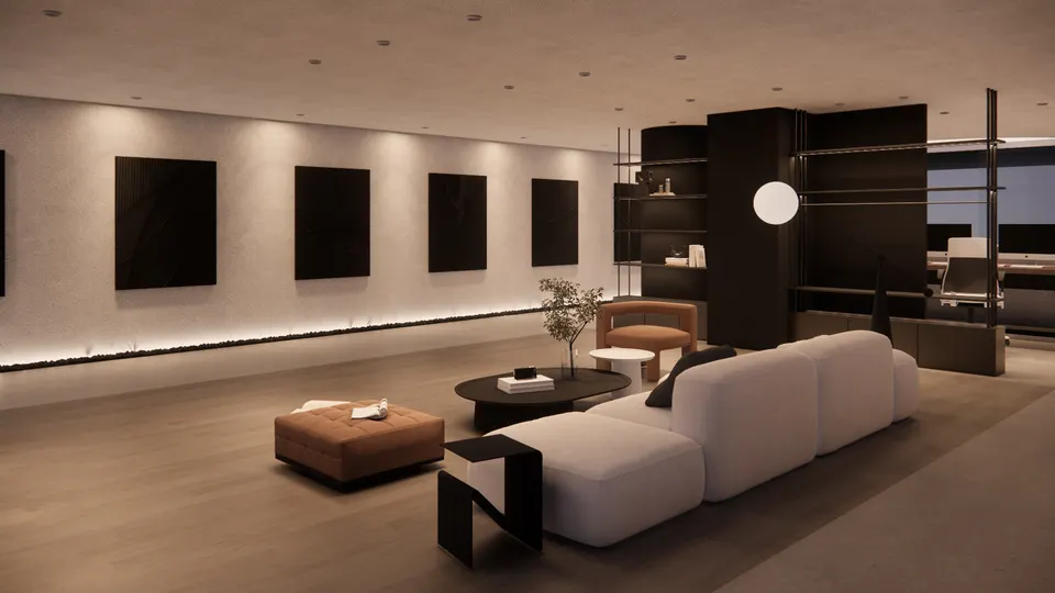 Lounge with a pale sofa, a rust ottoman and dark panels along a lit wall