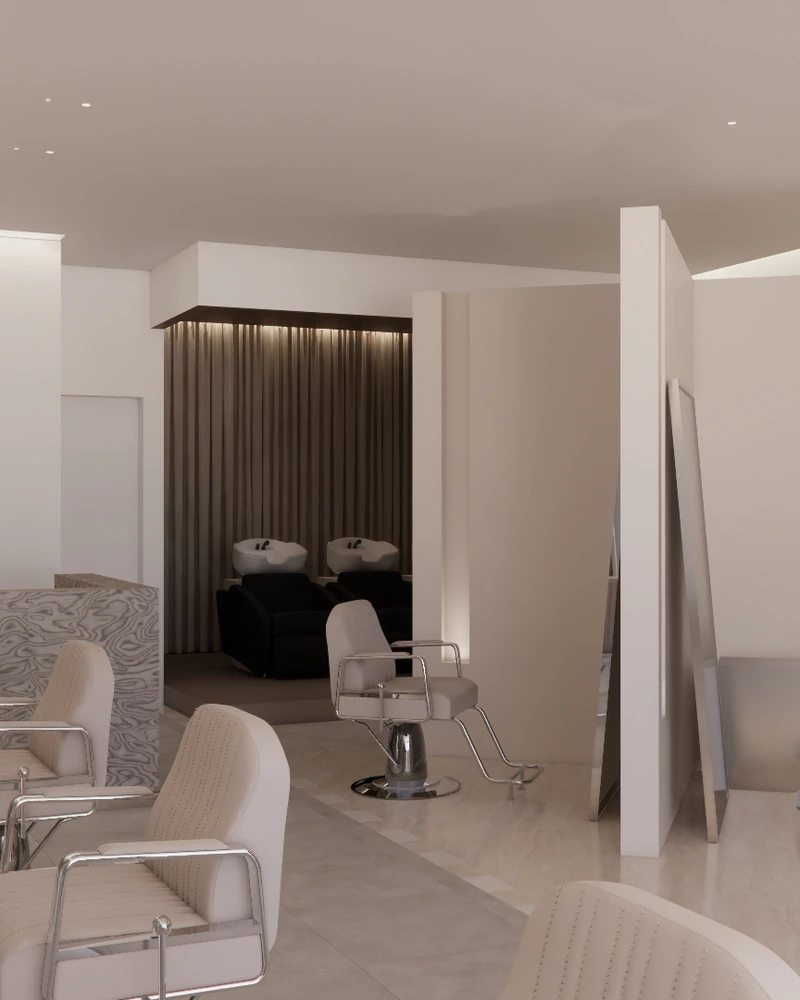 A hair salon in cream, tall mirrors and flattering light.