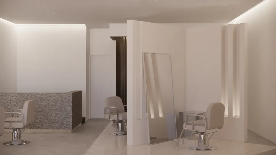 Styling chair and leaning mirror in a corner formed by angled partitions