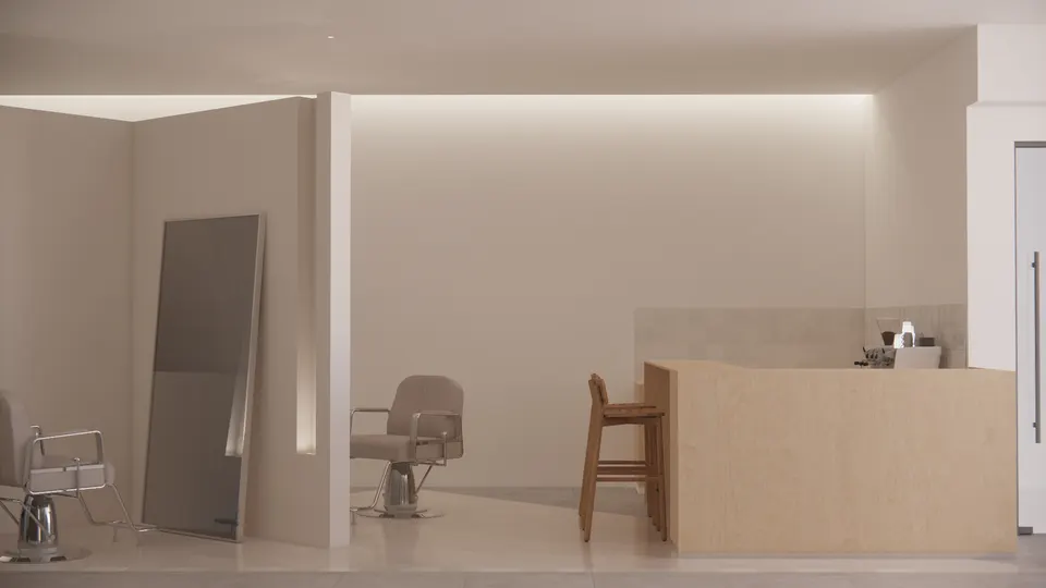 Coffee bar beside a partitioned styling station
