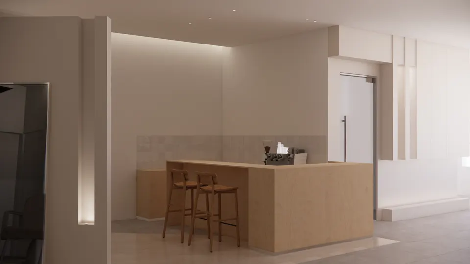 Pale timber coffee bar with two stools and a tiled splashback