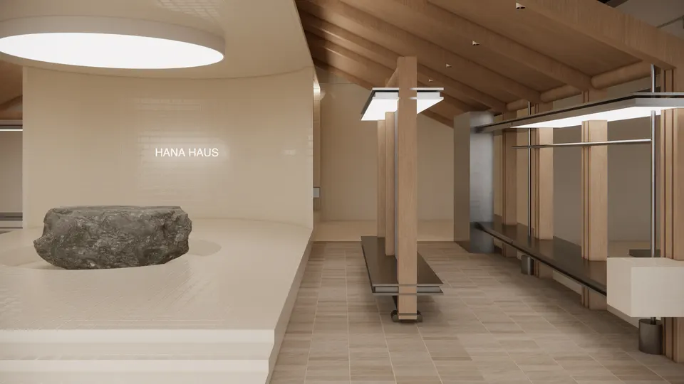 Tiled platform and boulder beside timber and steel display frames