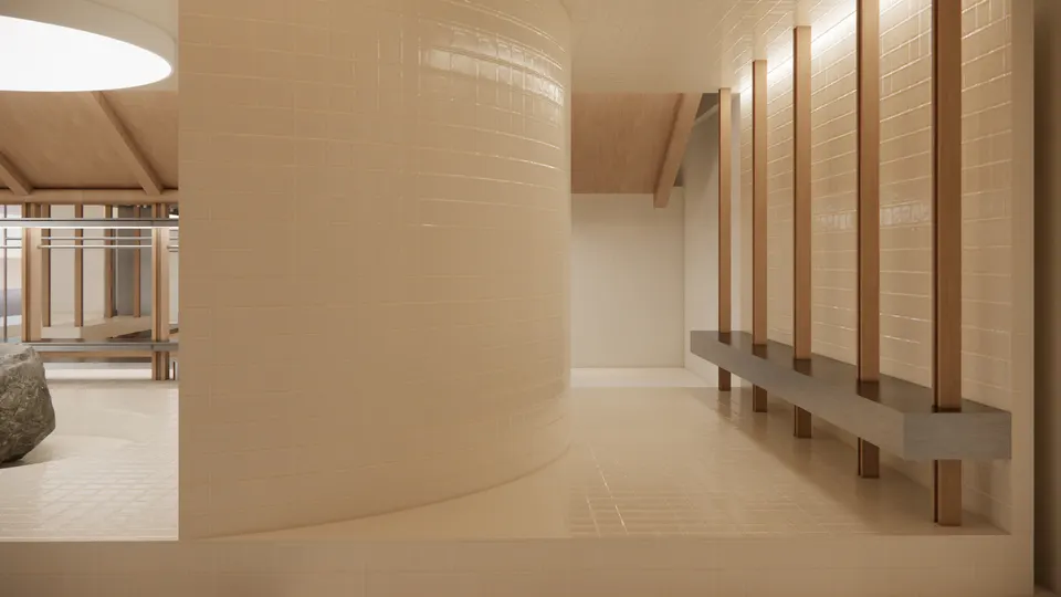 Curved glazed-tile wall beside a bench set between timber posts
