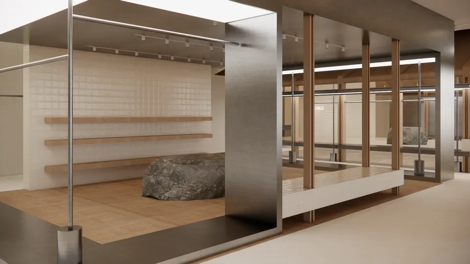 Brushed-steel frame around a parquet floor with a boulder and timber shelves