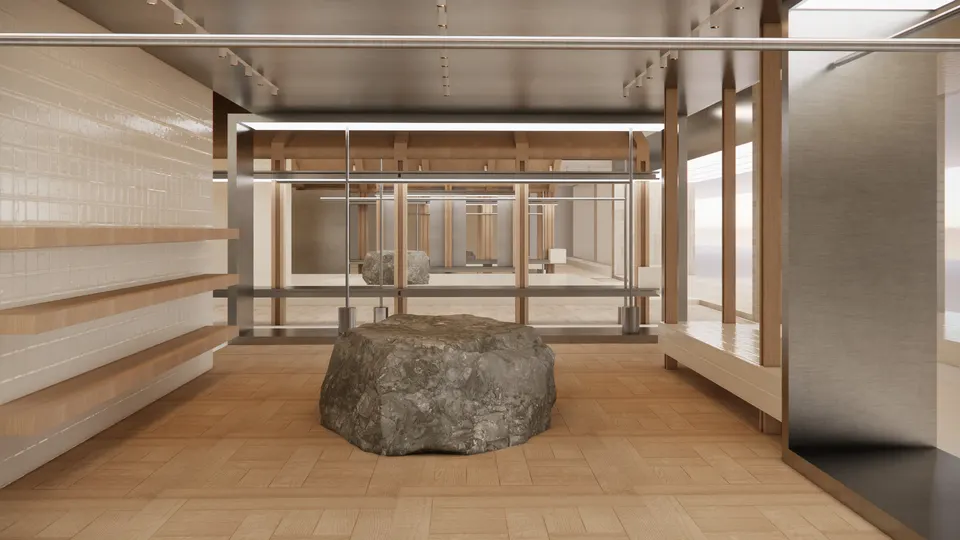 Boulder on a parquet floor, looking out through steel and timber frames