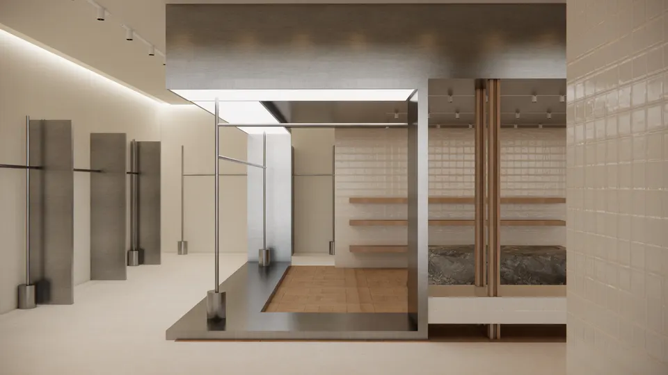 Steel frame beside free-standing rails and tall fabric panels