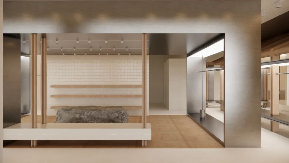 Steel-framed room with a tiled bench, timber shelves and a boulder