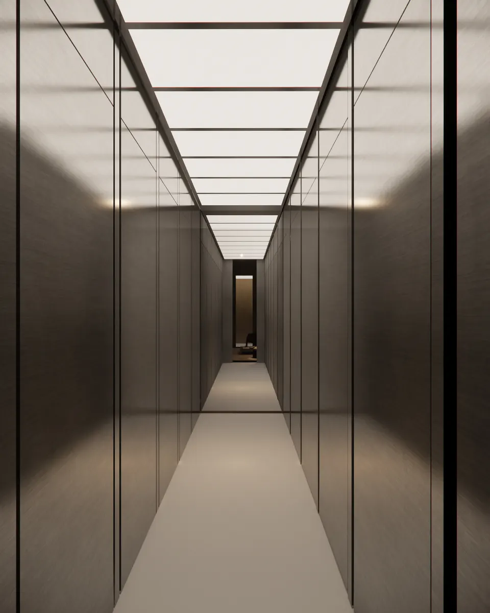 Corridor lined in dark panels under a luminous ceiling