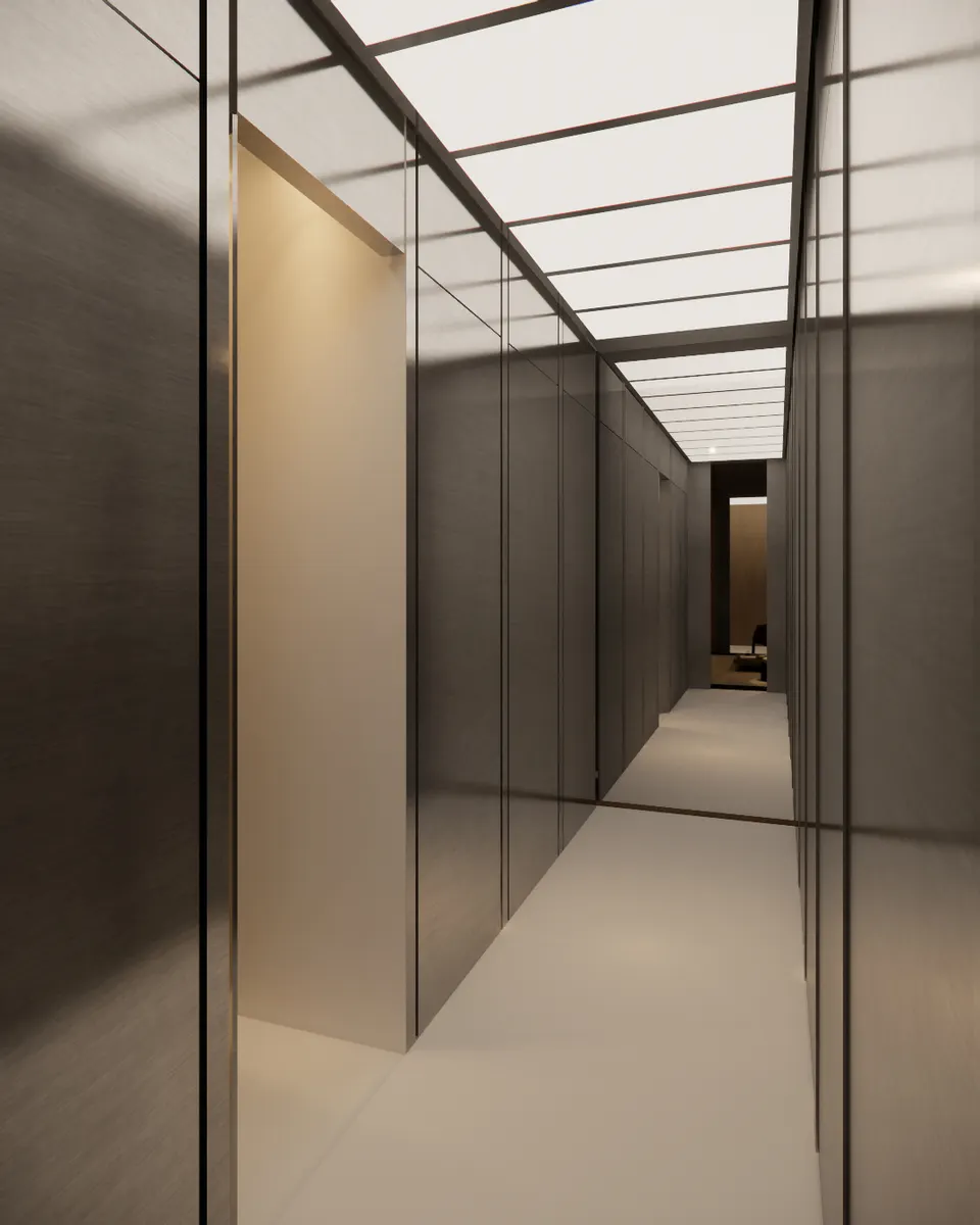 Corridor with a lit niche set into the panelled wall