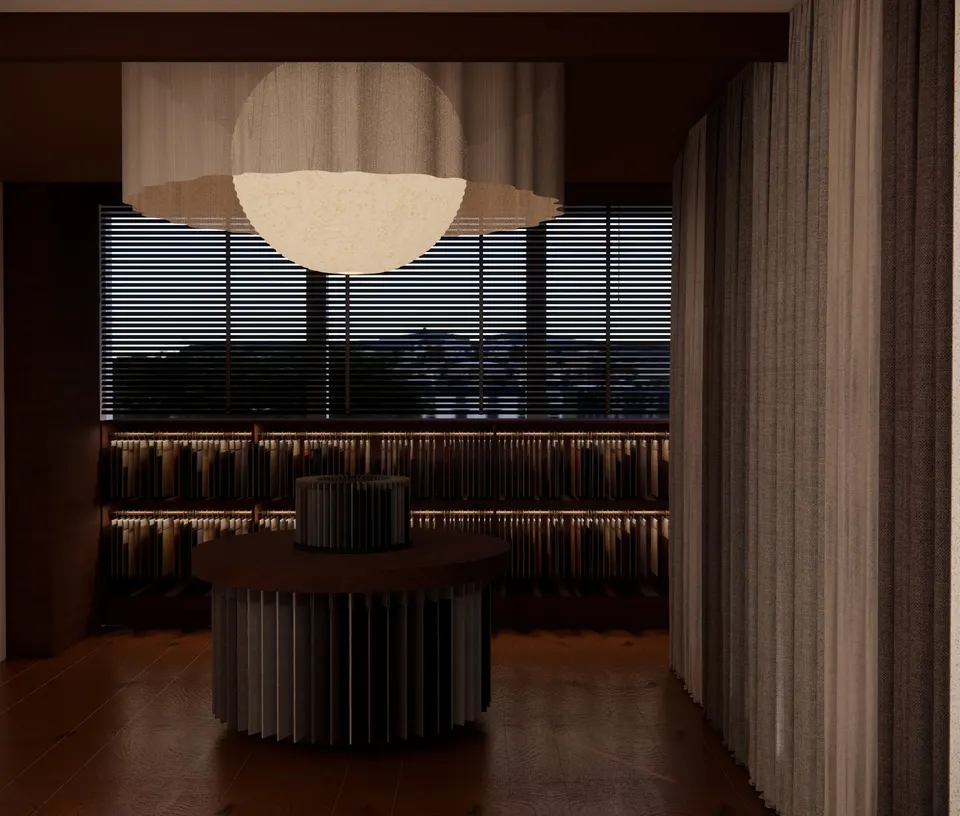 Sample table and pendant in front of a window with blinds