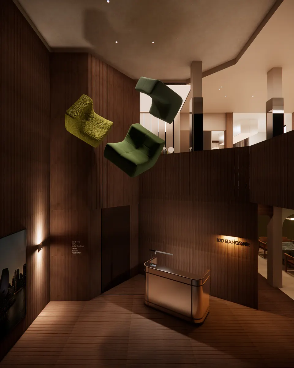 Double-height timber atrium above the reception desk, with armchairs suspended overhead