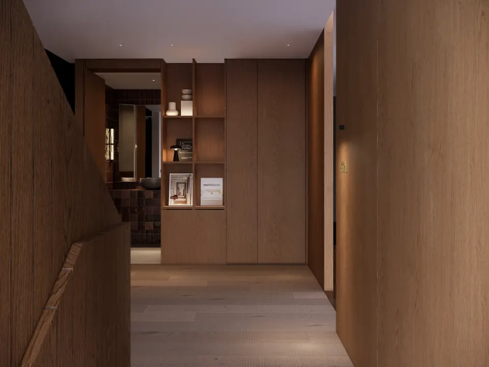 Timber-lined corridor with a display shelf