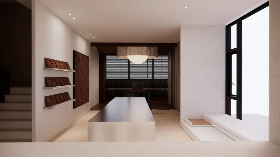 Bright flooring showroom with timber samples on wall shelves and a long island