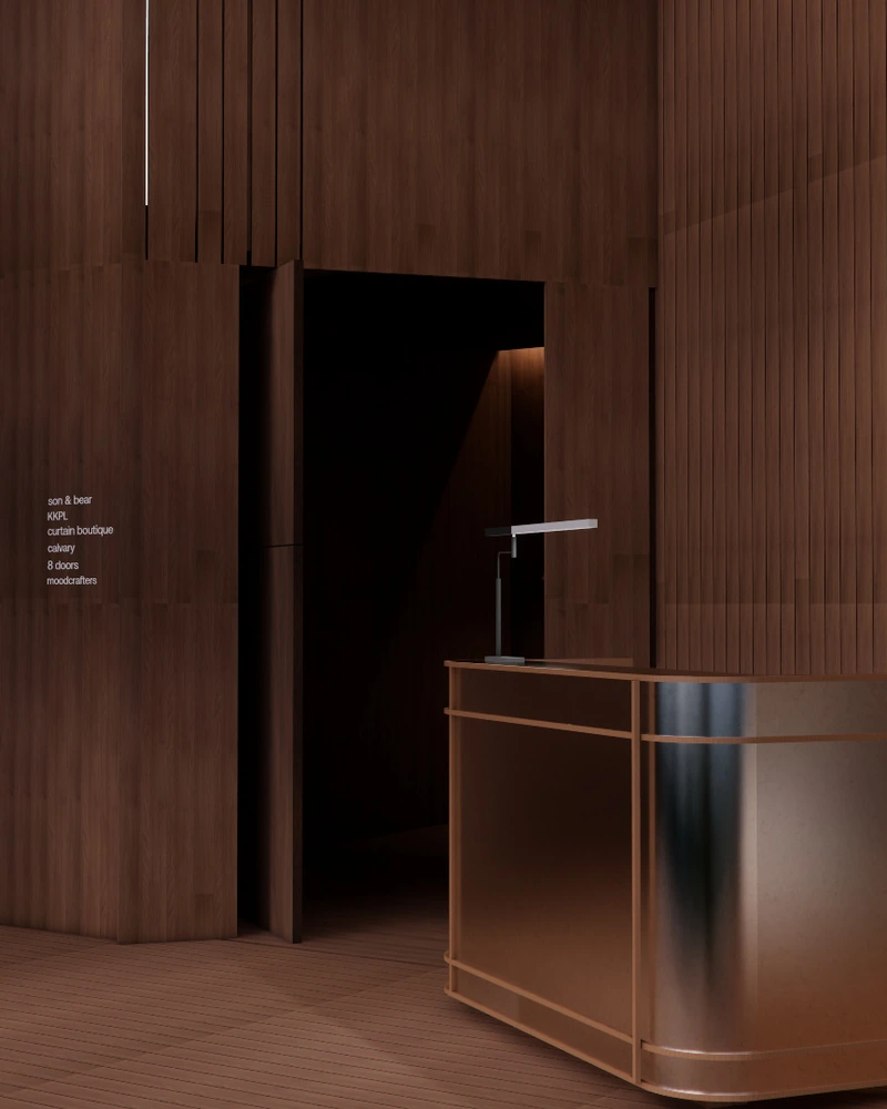 A home-furnishing showroom in dark timber, revealed level by level.