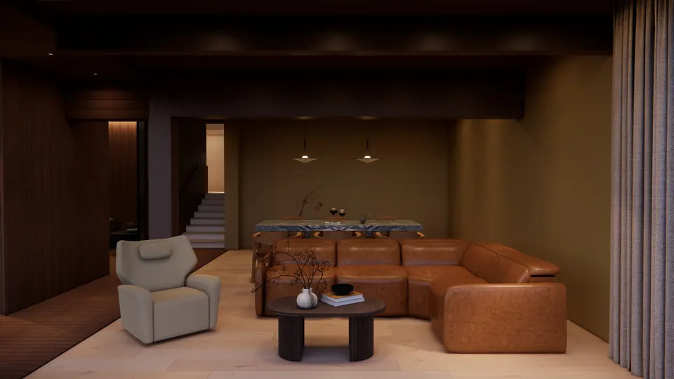 Living room setting with a tan leather sofa and a marble dining table