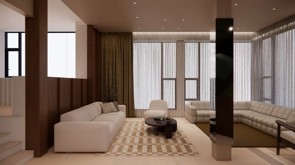 Pale living room setting with cream sofas and sheer curtains