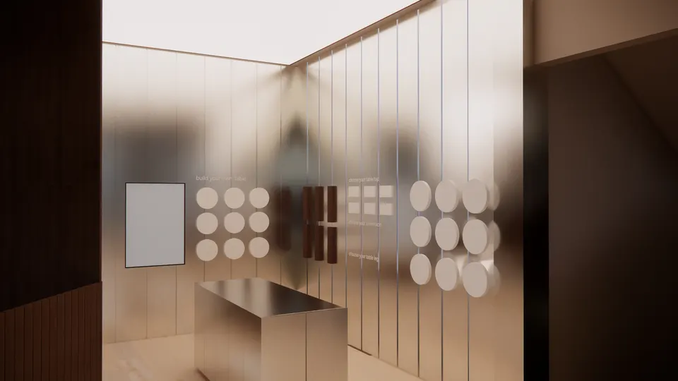Metal-lined room with table-top and table-leg samples mounted on the walls