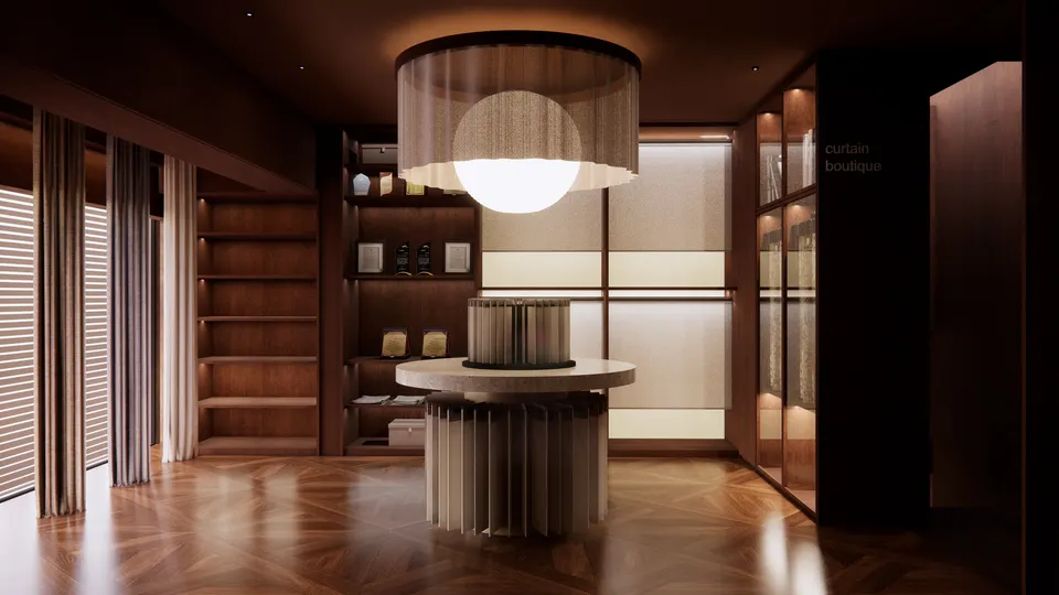 Curtain boutique with a round sample table beneath a large veiled pendant light