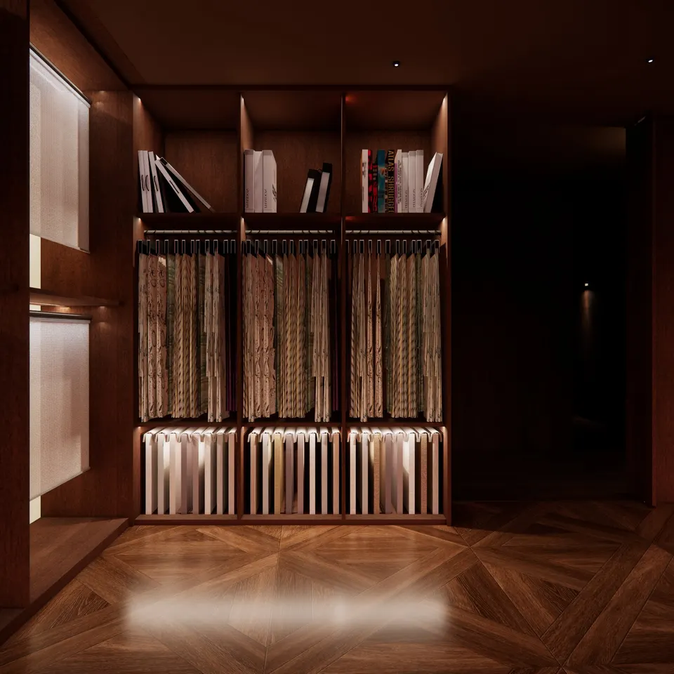 Hanging fabric samples in lit timber shelving