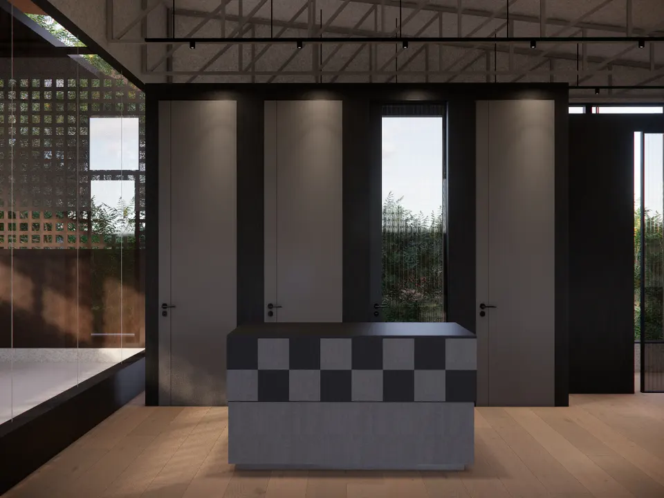 Chequered counter in front of tall doors under an exposed roof