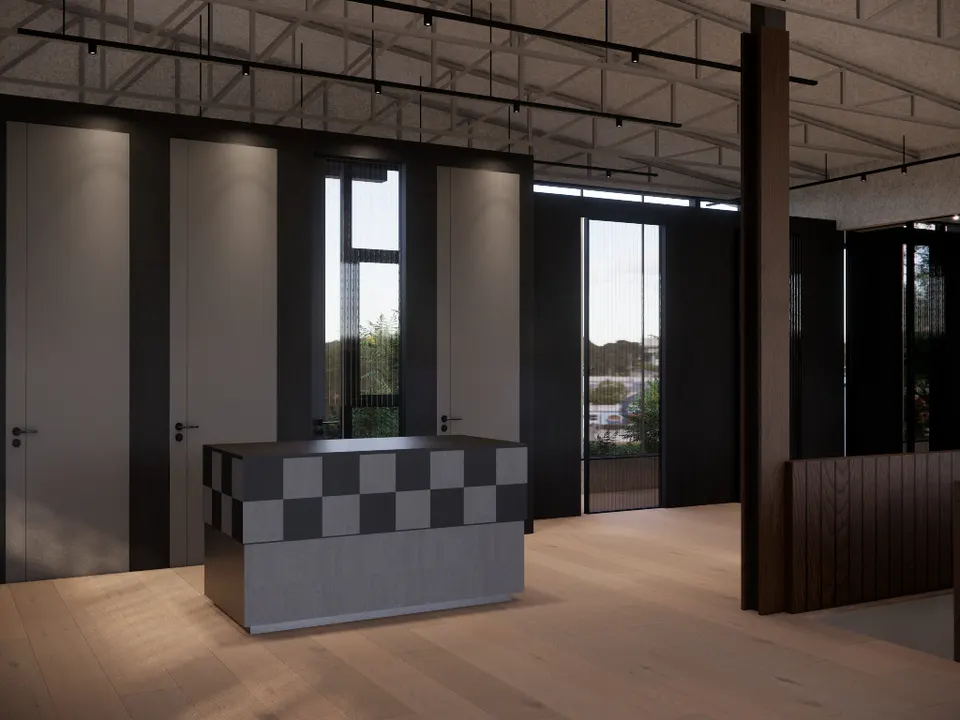 Chequered counter seen at an angle, with windows beyond