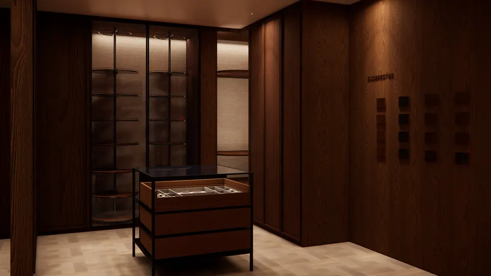 Accessories island in front of glass-fronted wardrobes with rotating shelves