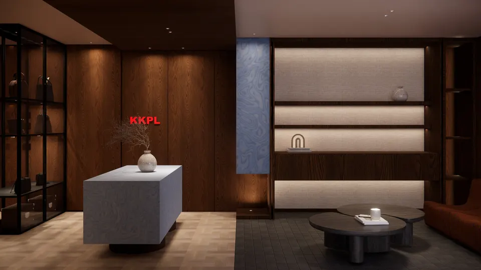 Wardrobe showroom with a patterned counter and lit shelving