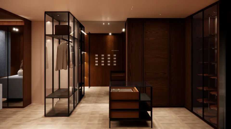 Glass-fronted wardrobe displays and an island with open drawers