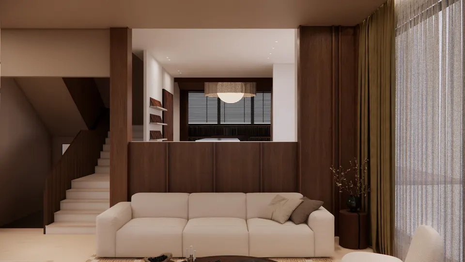 Cream sofa below a timber half-wall, with the stair and the curtain boutique beyond