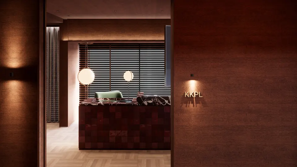 Wardrobe showroom entrance with a red-tiled marble counter and globe lamps