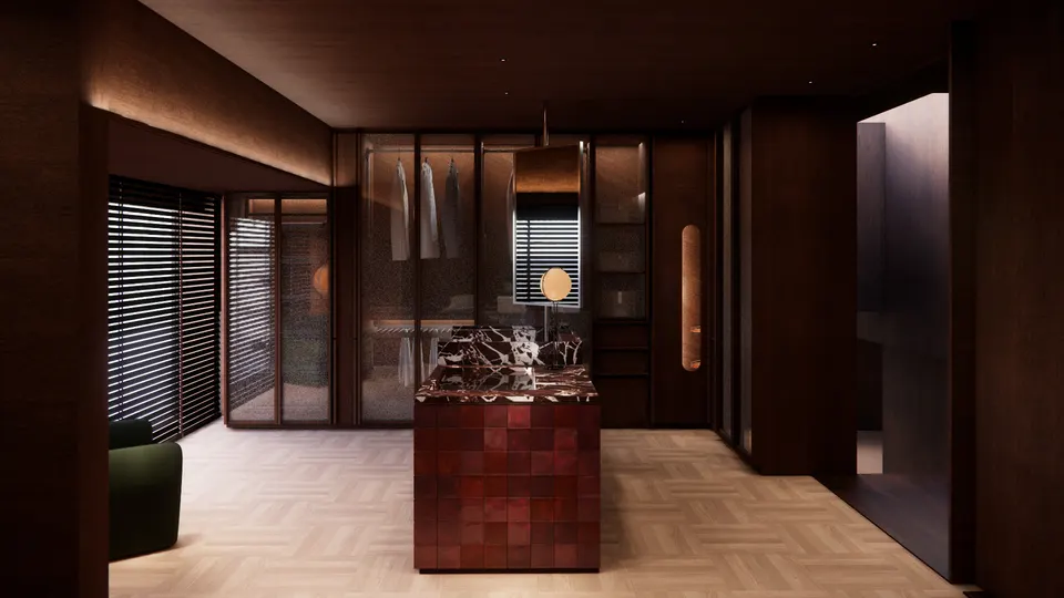 Walk-in wardrobe setting with glass-fronted wardrobes and a red-tiled marble island