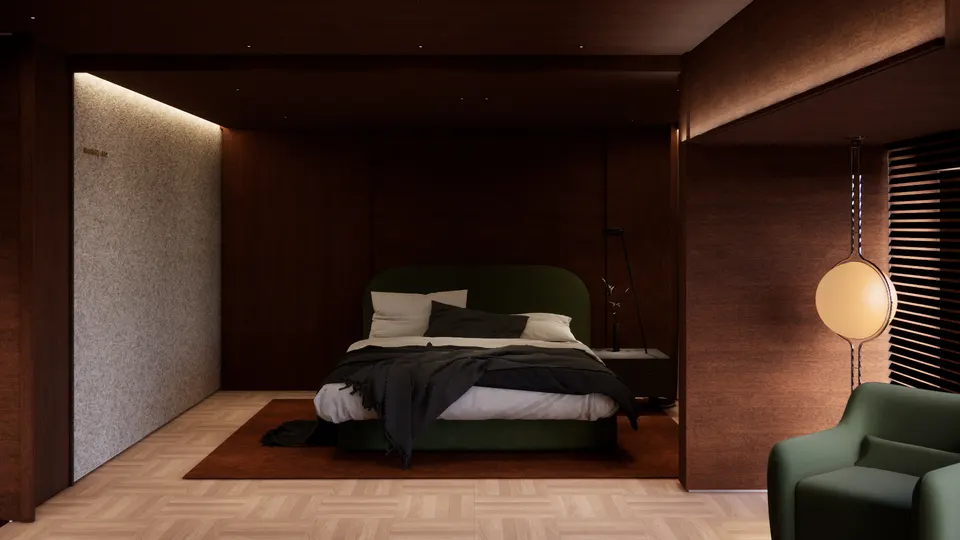 Bedroom setting with a green upholstered bed against dark timber walls