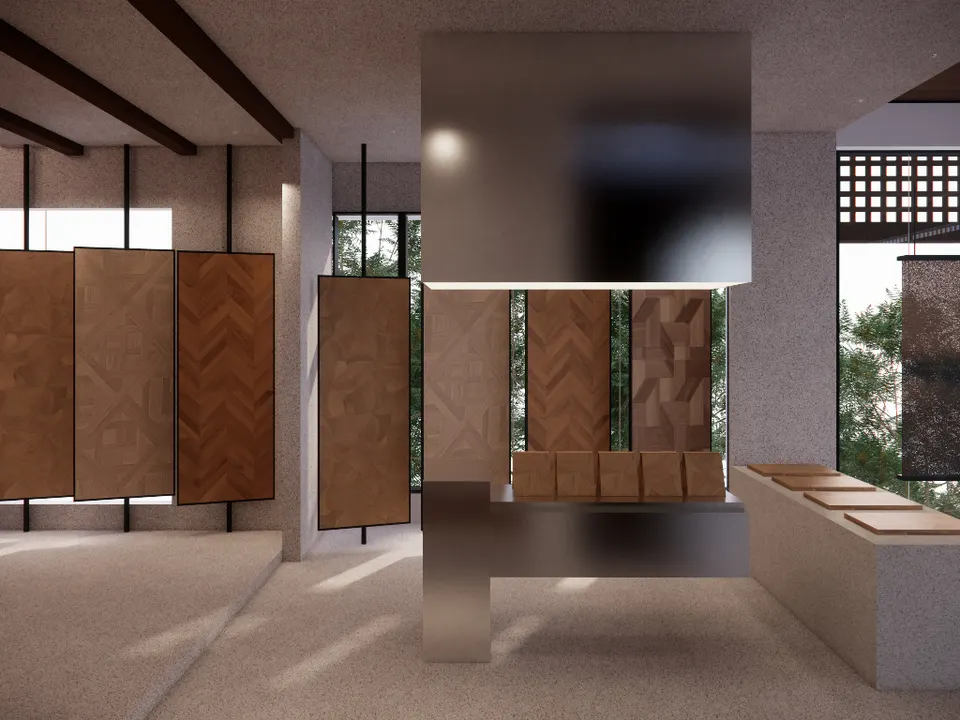 Flooring showroom with patterned timber panels hung between windows