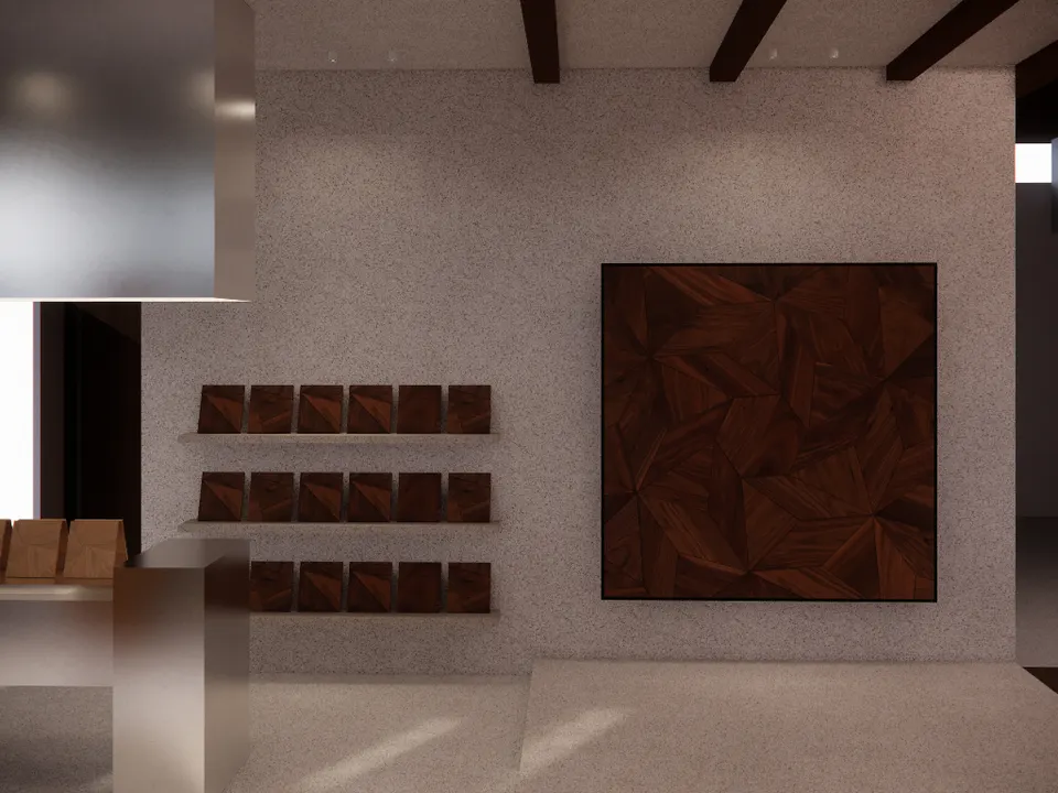 Timber samples on stone shelves beside a large patterned timber panel