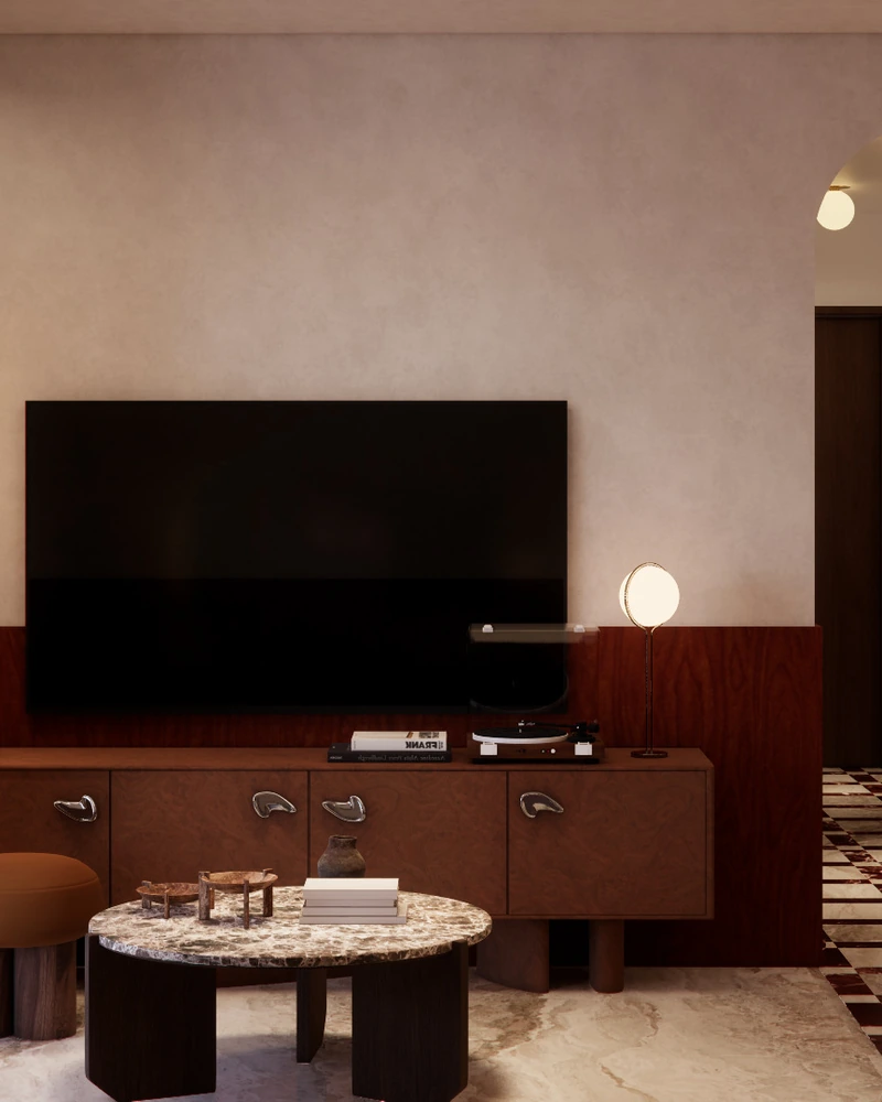 A condominium wrapped in oxblood, walnut and chequered marble.