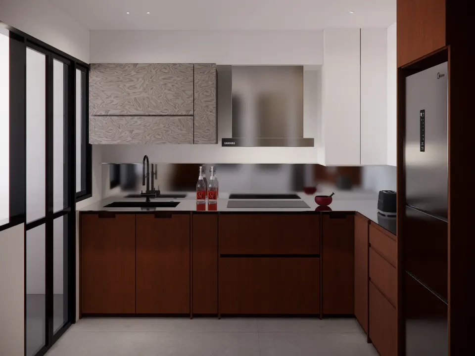Kitchen with timber base cabinets, a steel splashback and patterned upper cabinets