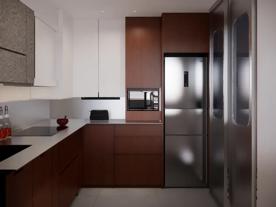 Kitchen corner with tall timber cabinets around a steel fridge