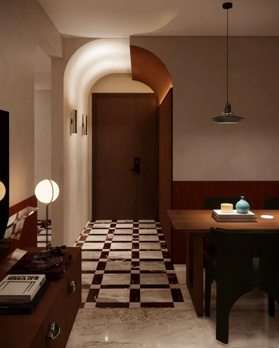 Arched entry with a walnut door, seen from the dining table