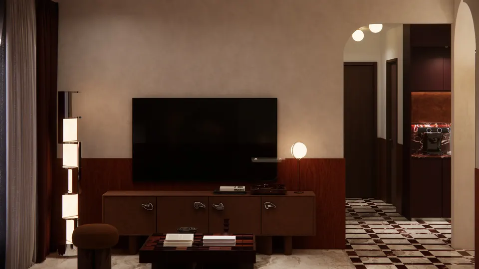 Living room at dusk with a walnut console, a wall-mounted screen and a red tiled coffee table