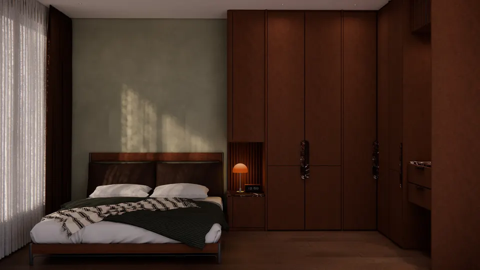 Bedroom with a sage plaster wall and full-height timber wardrobes