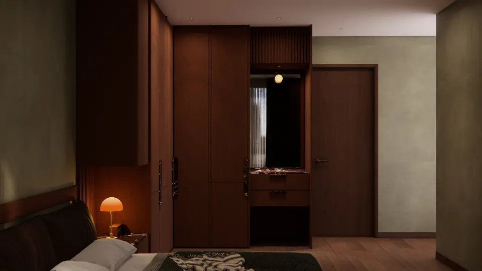 Wardrobe wall with a built-in dressing niche and red marble top