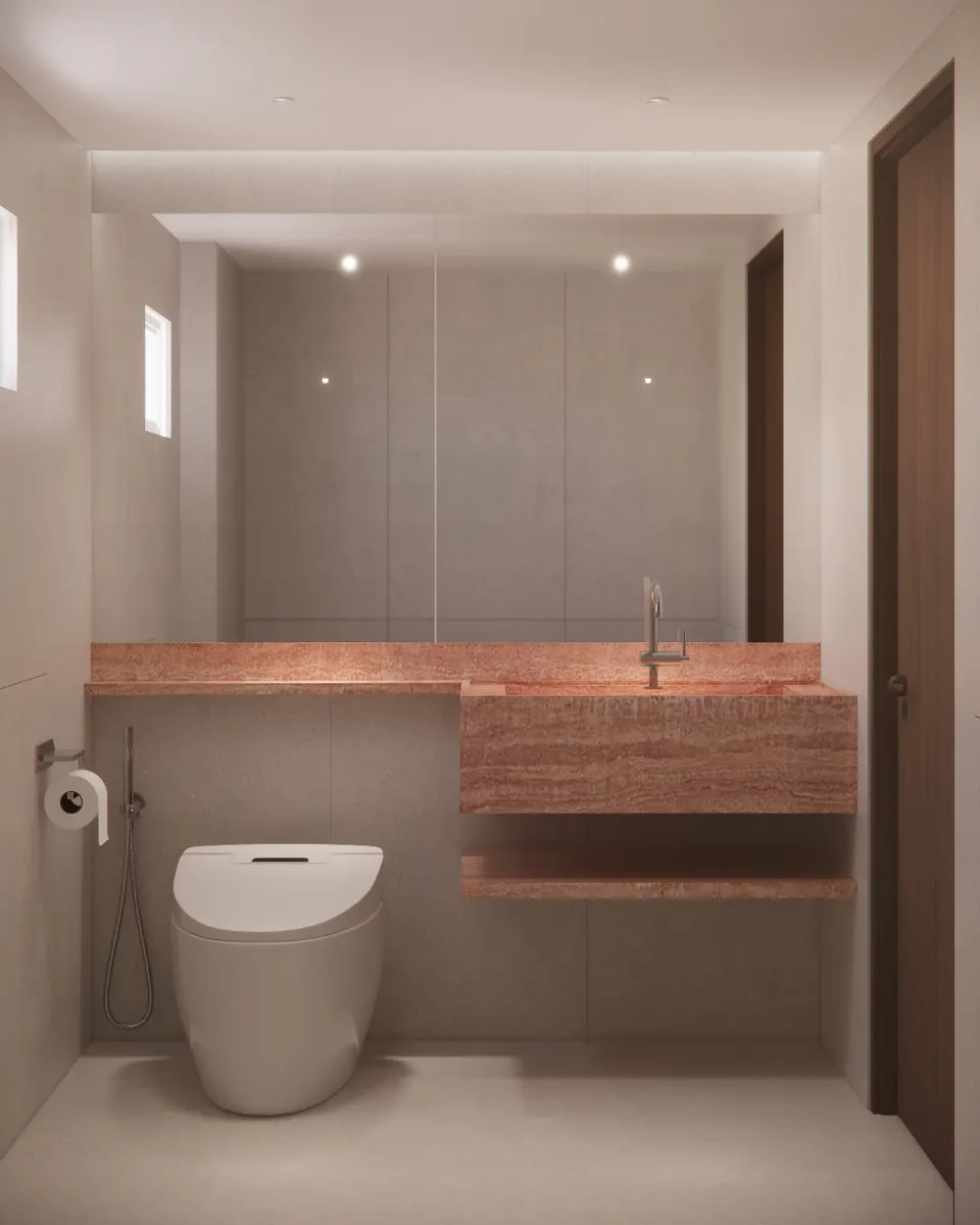 Bathroom with a rose travertine basin and a full-width mirror