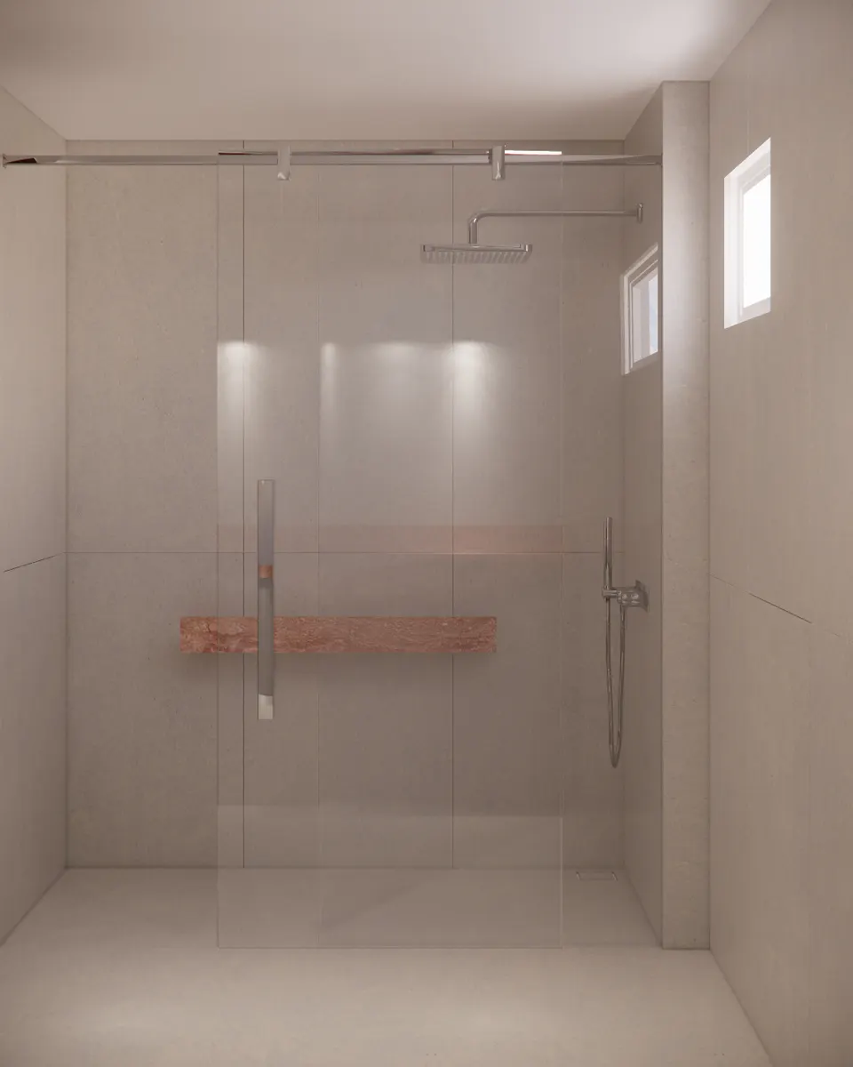 Glass shower with a rose travertine ledge