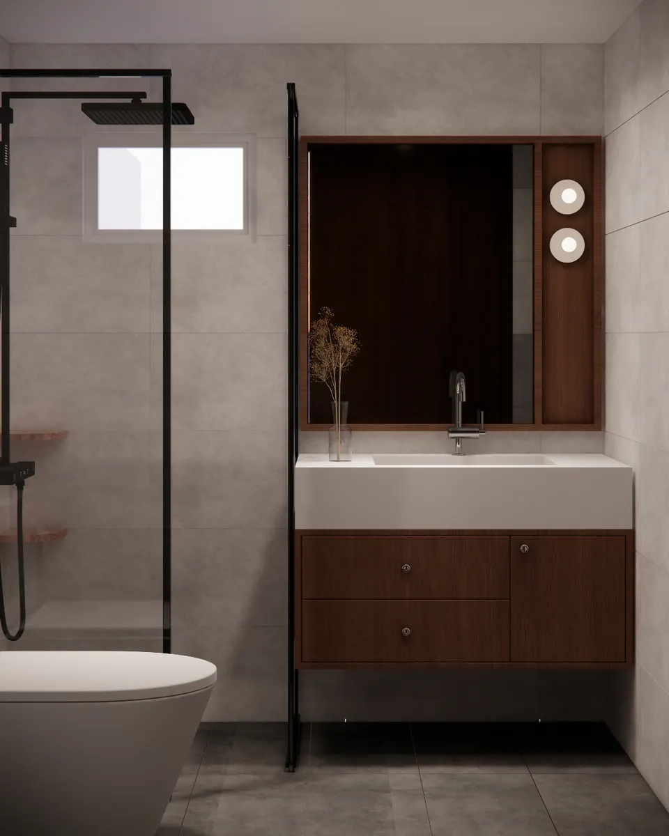 Bathroom with a walnut vanity, white basin and black-framed shower screen