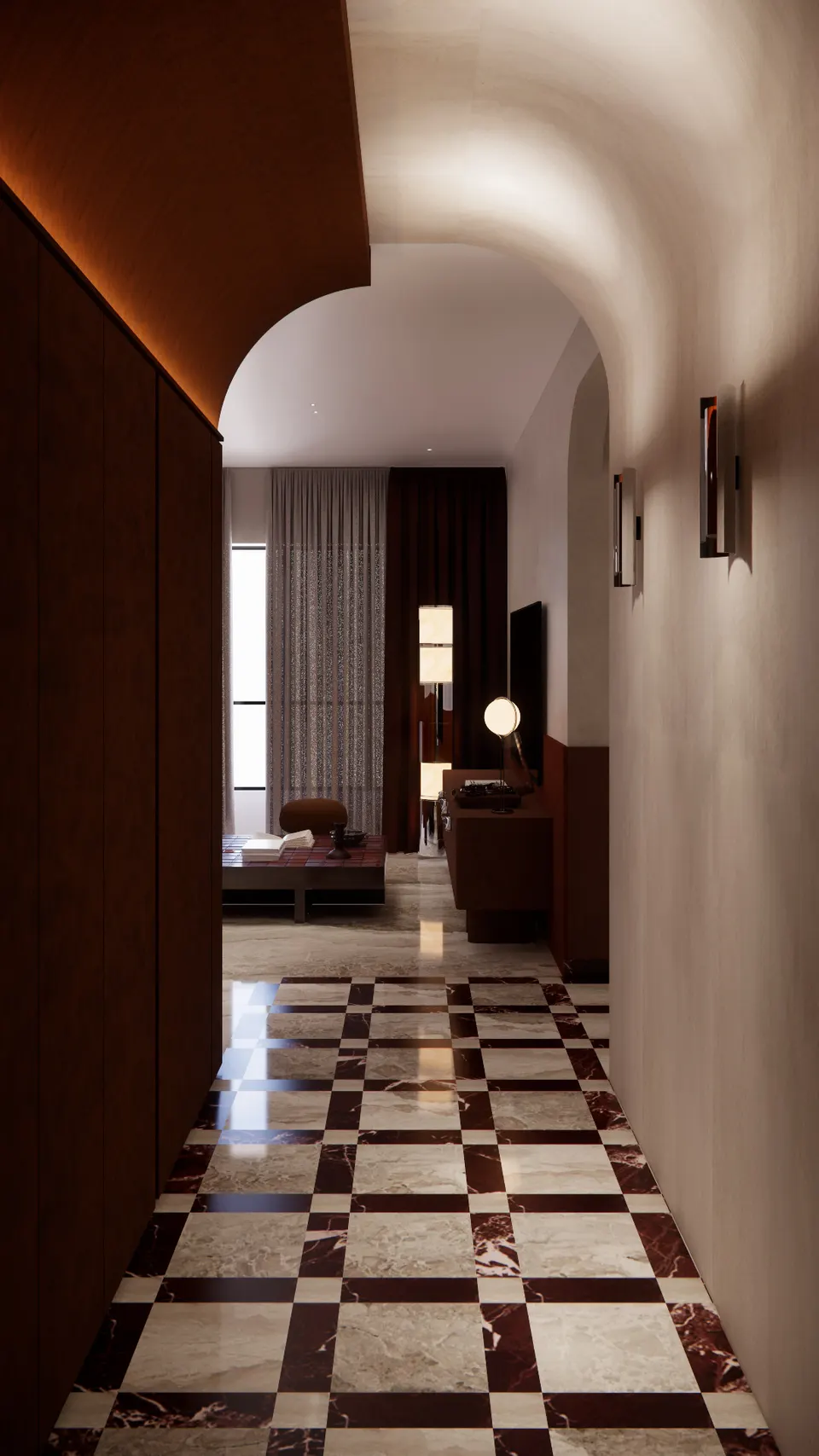 Arched hallway with a chequered marble floor, looking through to the living room