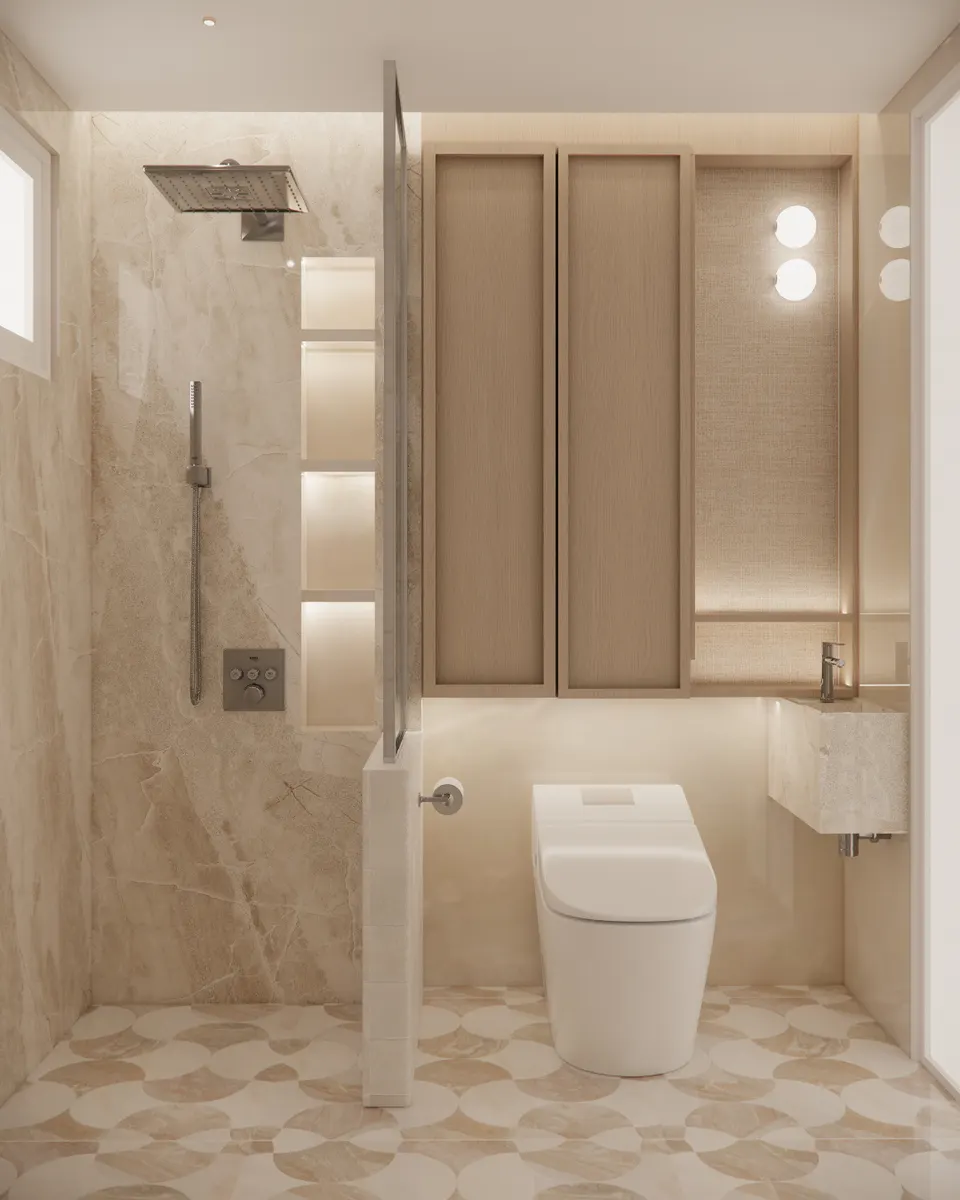 Bathroom with a patterned stone floor, shower and timber cabinets